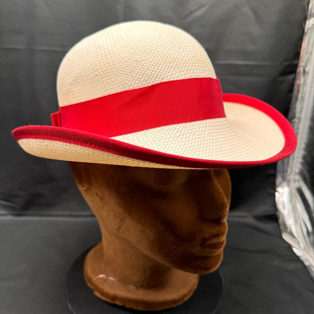 Vintage Womens Miss Bierner White and Red Paper Straw Panama Hat